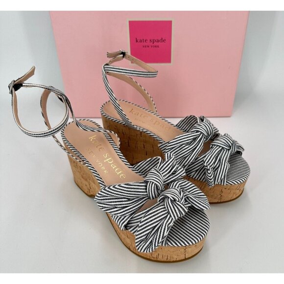 Kate Spade Julep Double Bow Platform Wedge Sandals sz 7.5 Navy Stripe Cork Ankle - Picture 1 of 9